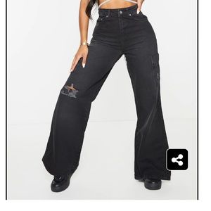 Pretty Little Thing Shape Black Pocket Detail Wide Leg Jeans Sz.8